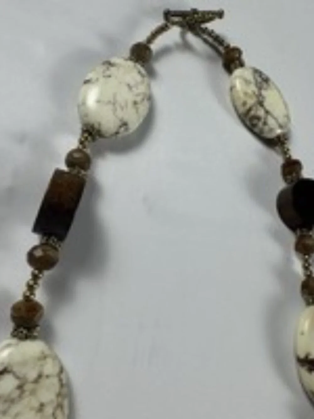 Vintage Boho White Howlite Stone Wood Slab Pendant Necklace Choker Toggle
